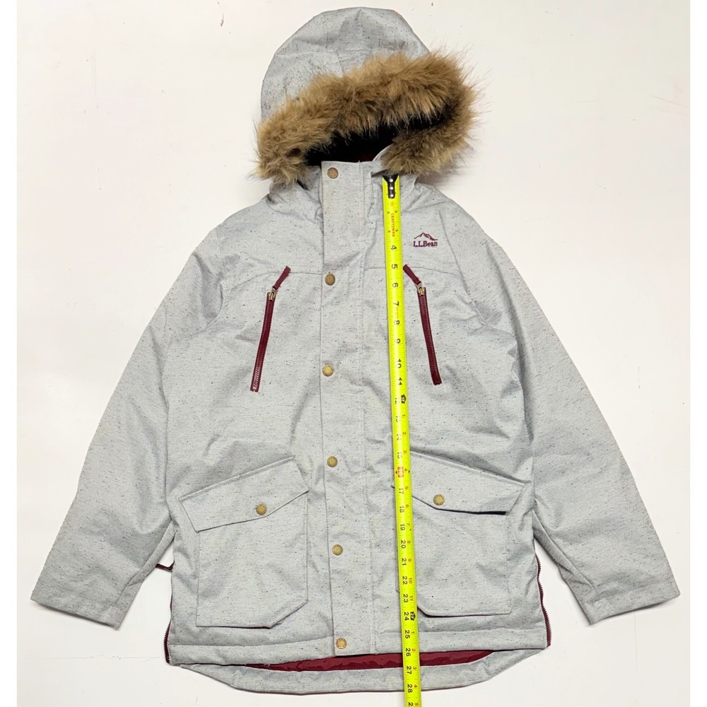 LL Bean Kids Gray PrimaLoft Winter Parka Faux Fur Hood Jacket L 14-16 505689‎